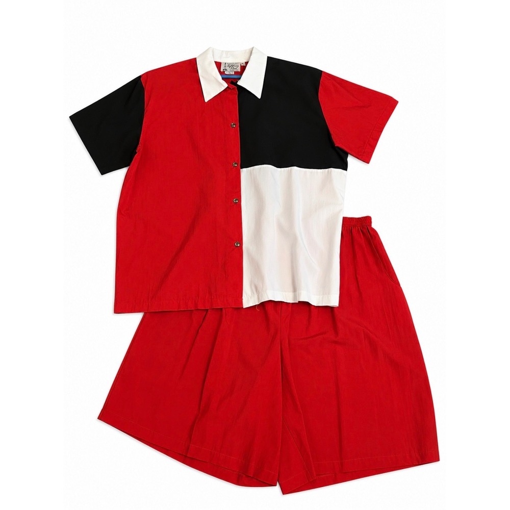 Vintage 90s Lighthouse Point Colorblock Shorts Set XL Red Black White Made USA